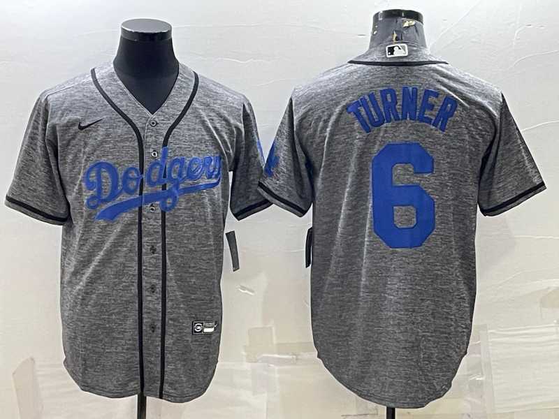 Men%27s Los Angeles Dodgers #6 Trea Turner Grey Gridiron Cool Base Stitched Baseball Jersey->los angeles dodgers->MLB Jersey